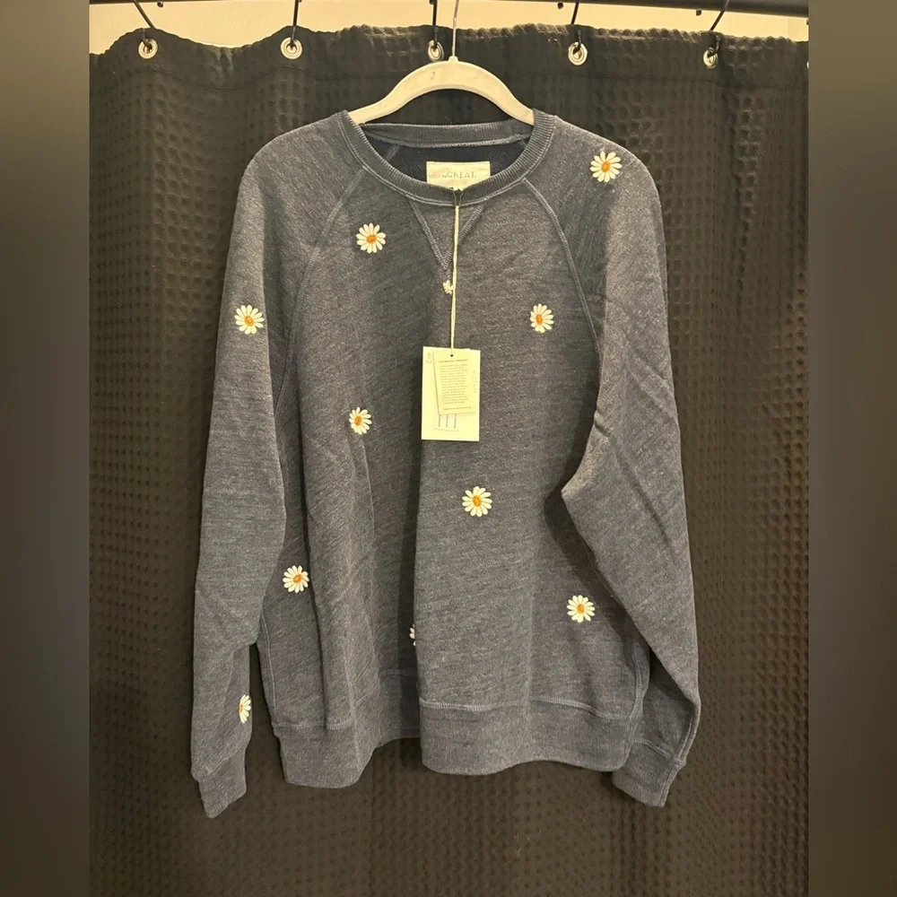 THE GREAT. THE SLOUCH SWEATSHIRT W/ DAISY EMBROIDERY HEATHERED VINTAGE BLUE NWT - Picture 4 of 7